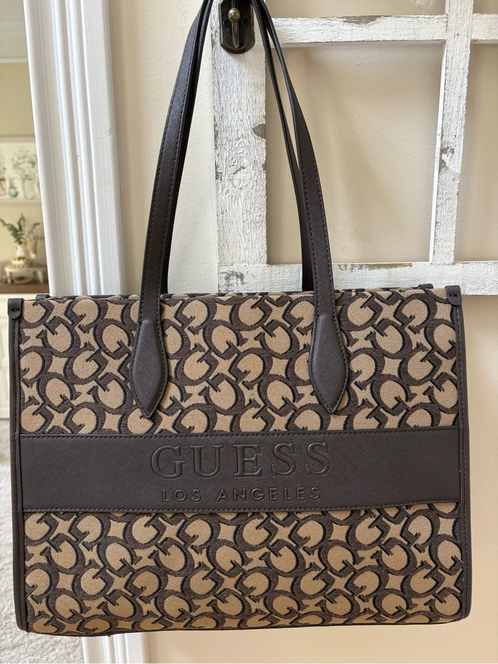 GUESS Brown Logo Jacquard Tote with Dark Brown Trim